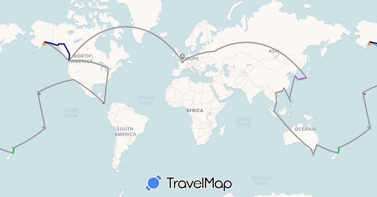 TravelMap itinerary: driving, bus, plane, train, boat, hitchhiking in Australia, Canada, China, Costa Rica, France, Japan, South Korea, Malaysia, New Zealand, French Polynesia, Philippines, Russia, Singapore, United States, Vietnam (Asia, Europe, North America, Oceania)